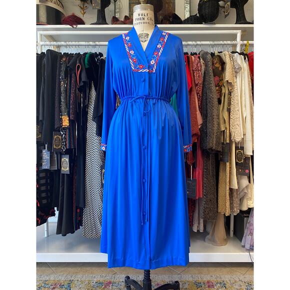 vintage 1970s blue nylon embroidered robe, midi length, 70s loungewear, jcpenney - Picture 1 of 9
